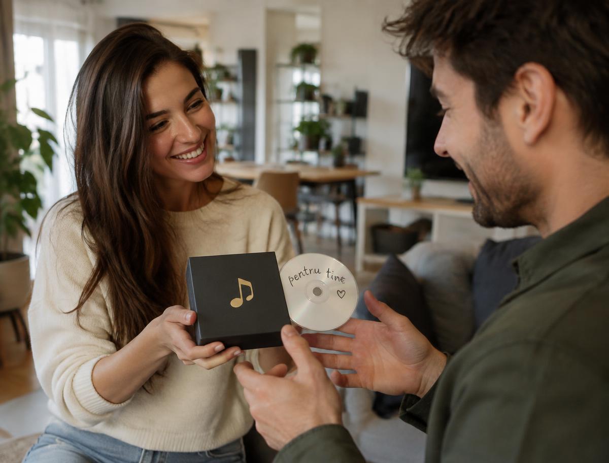 O tânără oferă cadou un CD cu un cântec personalizat, într-o cutie elegantă cu o notă muzicală